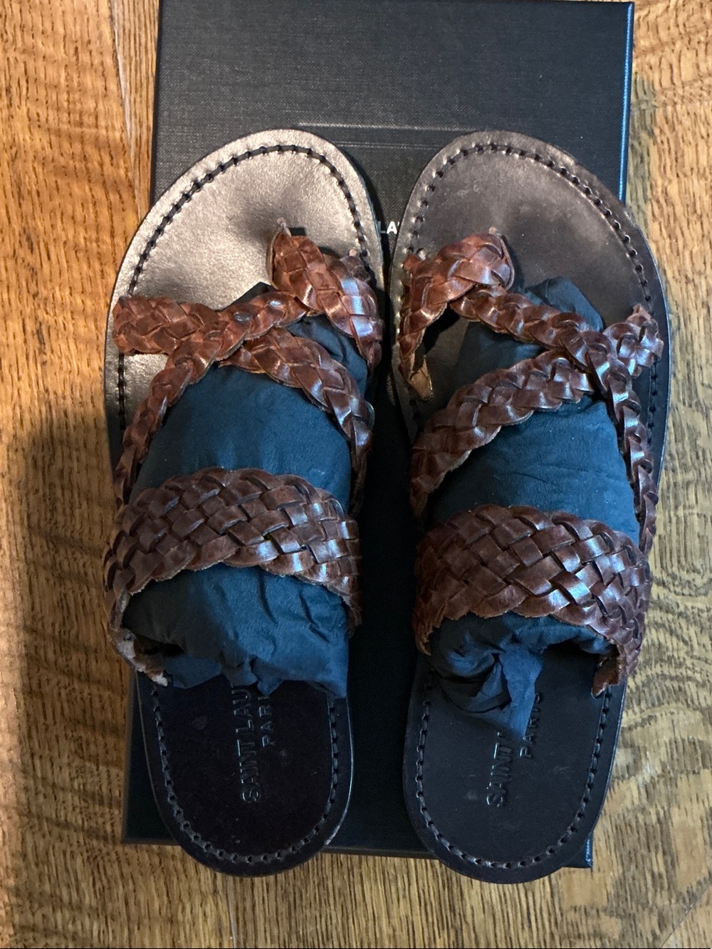 Saint Laurent Brown Braided Leather Slide Sandals